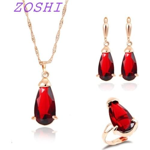 2020 Gold Color Water Drop Sharp Pendants & Necklace Earrings Ring Cubic Zirconia Crystal Romantic Bridal Jewelry Sets 4pcs/set