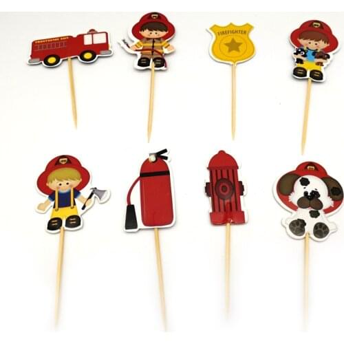 24pcs/lot Birthday Party Decorate Cartoon fireman Theme Cupcake Toppers with Sticks Baby Shower Boys Kids Favors Cake Topper