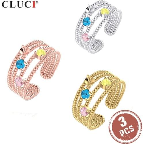 CLUCI 3pcs 925 Sterling Silver Rose Gold Flower Ring Women Zircon Pearl Ring Mounting Adjustable Open Flower Rings SR2189SB