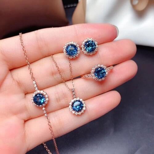 Cute S925 Silver Natural Blue Topaz Jewelry Sets Simple 5Pcs Ring Pendant Earrings and Bracelet For Women Party Fine Jewelry