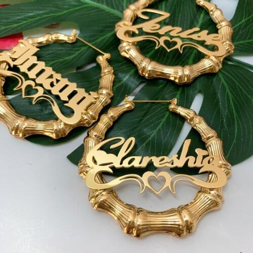 Earrings Custom Bamboo Name Earrings with Heart Hoop Nameplate Earrings Jewelry Fashion Show Charming Earrings Gold Gift