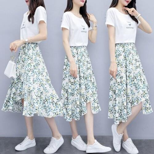 Pure Cotton White T-Shirt New Summer Young Fashion Sets For Women Slim Long Skirt Mid-Calf Leaf Print Skirts Feminine Two-Piece