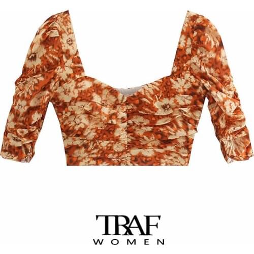 TRAF Za Women Fashion Pleated Floral Print Cropped Blouses Vintage Short Sleeve Side Zipper Female Shirts Blusas Chic Tops