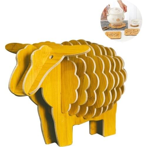 Wooden Insulation Pads DIY Assembled Sheep/Cattle Ornament Desktop Decoration Handmade Table Cup Mat Coasters Creative Place Mat