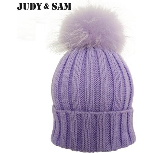 JS FUR Design Warm Winter Wool Blend Knitted Women Hats and Caps with Matching Color Real Raccoon Fur Pom Pom Beanie Hat for Men