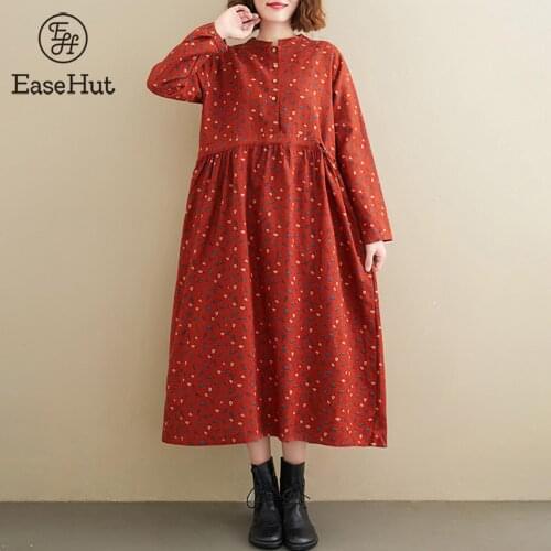 EaseHut Women Spring Autumn Dresses Cotton Linen Floral Print Casual Robe Femme Loose Long Sleeve Pockets Vintage Vestido