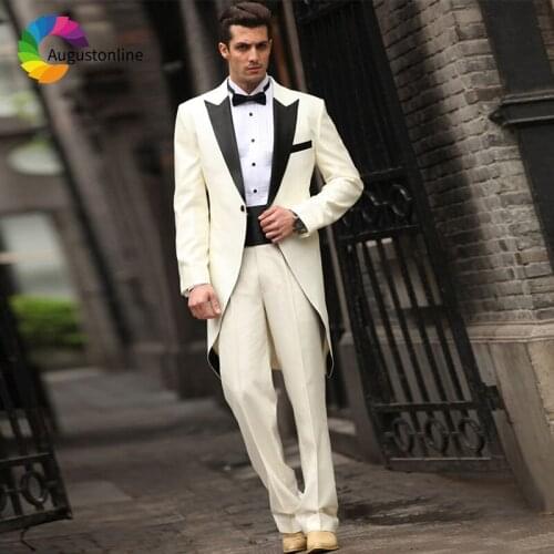 Italian Ivory Men Suits Tailcoat Wedding Suits Groom Wear Evening Party Blazer Slim Fit Formal Tuxedos Best Man Prom 3 Pieces