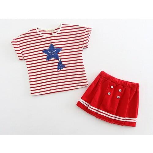 2018 Summer Infant Newborn Baby Girls Clothes Striped Star T-shirt+Pleated Skirt 2pcs Cotton Baby Clothing Set 0-3T red navy