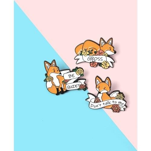 Cartoon ribbon Fox and flower animal shape metal enamel brooch cute fashion BE QUIET hat dress shirt decoration pin