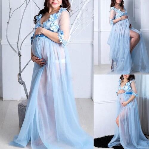 Sky Blue Sleepwear 3D Flower Bridal Long Sleeve Pregnant Woman Formal Evening Party Robes Photo Shoot Pajama