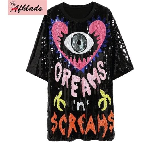 2021 Summer New Color Patchwork Sequins Striped Letters Love Sequins Short-Sleeved T-Shirt Plus Size Female Women T-Shirt