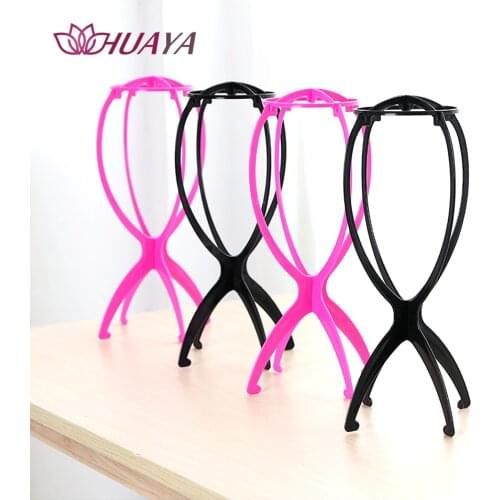 HUAYA Black Pink Wig Stands Plastic Hat Display Wig Head Holders Mannequin Head Stand Portable Folding Wig Stand