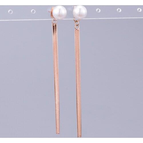 JIETHLING Pearl Earrings For Women Rose Gold Color Stainless Steel Flat Snake Chain Long Earring Boho Korea Jewelry Dropshipping