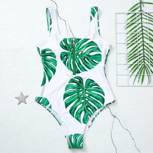 Leaf Print One Piece Swimsuit for Women Push Up Padded Zipper Swimwear Female Bathing Suit Summer Beachwear