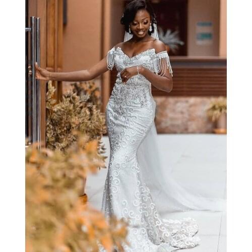 Beaded Mermaid Wedding Dresses Bridal Gowns Off The Shoulder Crystal Lace Appliqued Gorgeous Nigerian Arabic Marriage Robe De