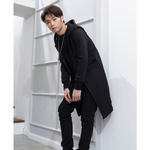 Hoodie and cashmere Cardigan long mens slim thick jacket fashion over the knee youth Korean version of the black