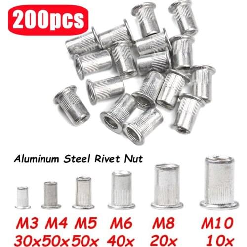 200pcs M3 M4 M5 M6 M8 M10 Alumimum Rivet Nuts Kit Flat Head Threaded Riveting Nut Insert Nutsert Cap Metal Woodworking