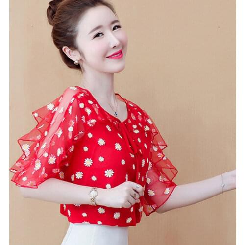 Womens Spring Summer Style Chiffon Blouses Shirt Womens Lace O-neck Printed Butterfly Sleeve Elegant Casual Tops DD8650