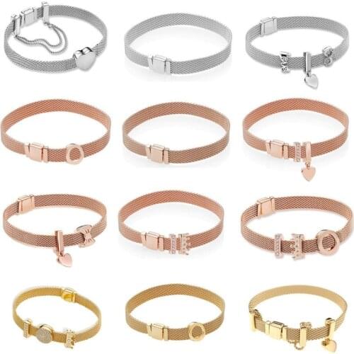 Real 925 Sterling Silver Gold Rose Original Reflexions Pan Bracelet Gift Set for Women Bead Charm Bangle DIY Jewelry