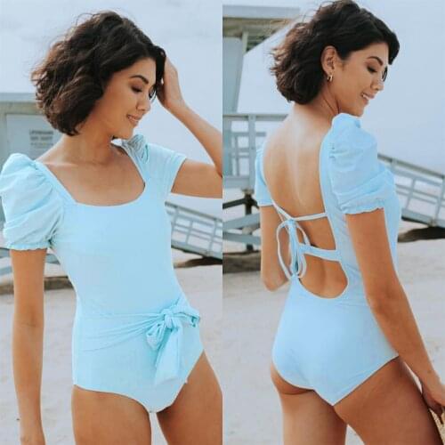 Blue Swimsuit One Piece Puff Sleeve Womens Swimwears 2021 Monokini Short Sleeves Swimming Suit For Women Bodysuit Slimming