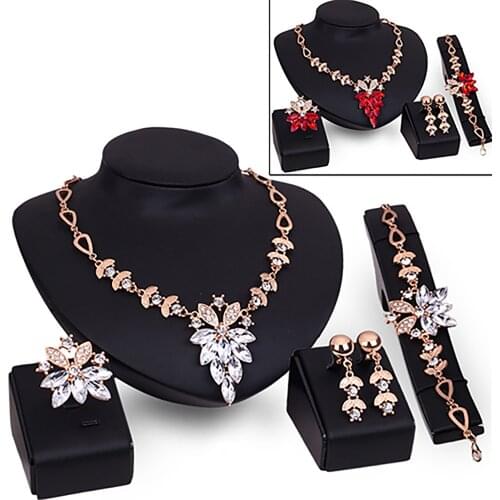 Womens Wedding Bracelet Necklace Jewelry Set Clear Crystal Statement Ring Earrings Bracelet Necklace Jewelry Set Clear Crystal