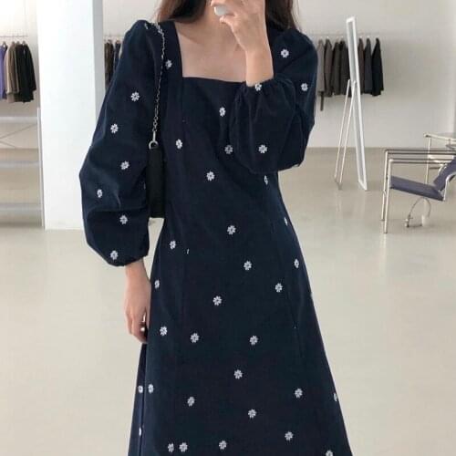 Woman Dress Autumn 2021 Korean Fashion Elegant Square Neck Slim Waist Corduroy Embroidered Daisy Long Sleeve Dresses Women