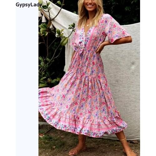 GypsyLady Pink Floral Midi Women Dress Boho Vintage Summer Holiday Dress Ruffles Flare Sleeve Button Front Female Long Dress New