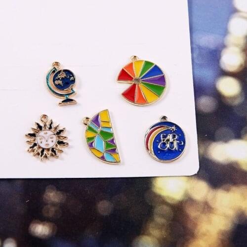 10pcs Drop Oil Sun Globe Alloy Enamel Charms Pendant Necklace Earrings Making Bracelets Dangle Jewelry DIY Planet Floating