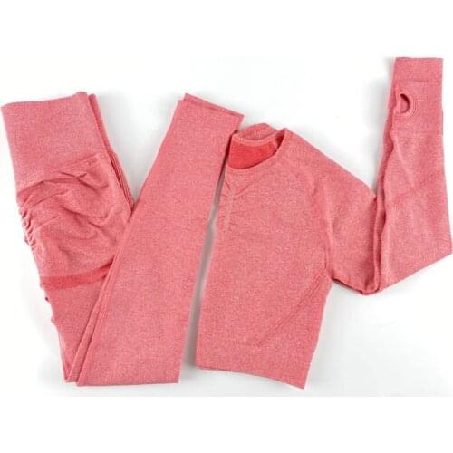 2pcs Seamless Yoga Suit Sweat Sucking Hip Lifting High Waist Fitness Pants Womens Tight Long Sleeve Sports Suit