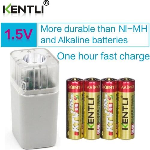 4pcs KENTLI 1.5v 2800mWh Li-polymer li-ion lithium rechargeable AA battery + 4 slots Charger with LED Emergency flashlight