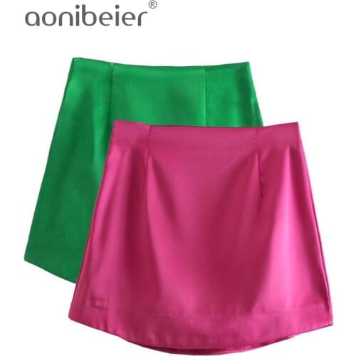 Aonibeier Bright Color Satin Package Hip Skirt Summer Curved Hem High Waist Slim Women Mini Pencil Skirt Female Bottoms Green