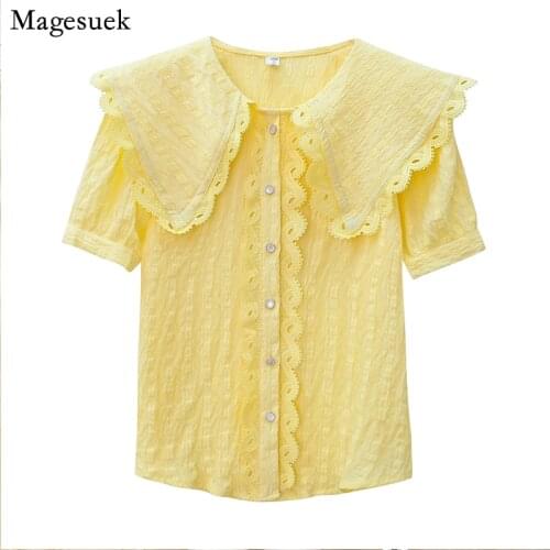 Summer Short Sleeve Lace Women Shirt 2021 Korean Peter Pan Collar Loose Blouse Women Tops Single Breasted Womens Clothing 15219