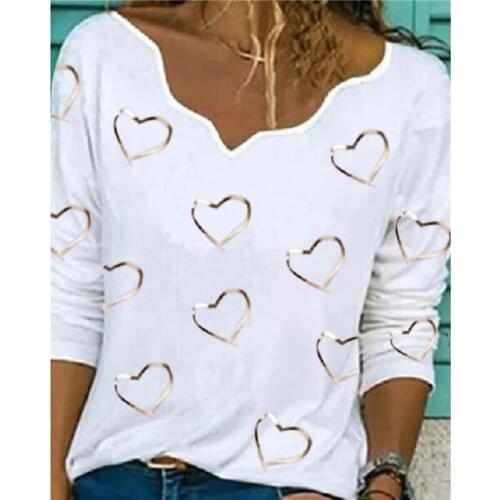 Blouse Womens Long Sleeve Hearts Print Shirt For Girls Lady Summer 2021 New V-neck Long Sleeve Blouse Футболка