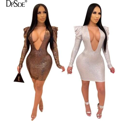 DPSDE Sequins Brown Bandage Women Party Dress Deep V Neck Full Sleeve Sexy Mini Dress Skinny Autumn 2020 Bodycon Silver Dress