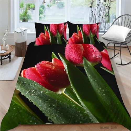3D Floral Bedding Set Red Tulips Elegant High End Duvet Cover Queen Single Double Twin Full King Size Bed Set For Girls