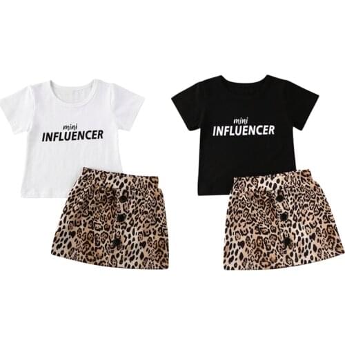 Summer Toddler Kids Baby Girl Clothes Sets 1-6Y Letter Print Tops T-Shirt Leopard Mini Skirt 2PCS Outfits