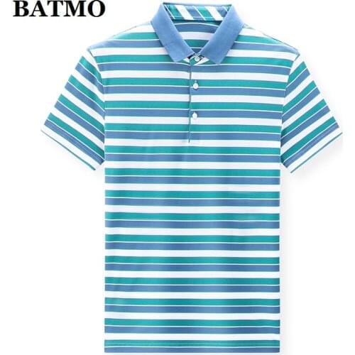 BATMO 2021 new arrival summer high quality silk polo-shirt mem,male Striped polos 3376