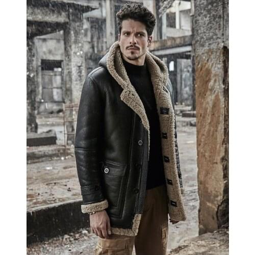 Men Winter Thicker Fur one Leather Jacket Hooded Long Sheepskin Leather Coat High-end Genuine Leather Outwear coats S-6XL