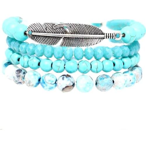 Natural stone bracelet set leaf beads 4pcs set blue crystal bracelets for statement women summer jewelry