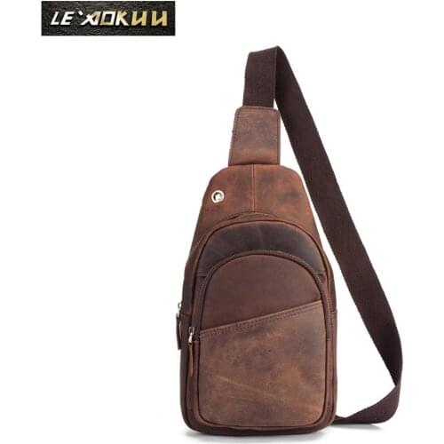 Crazy Horse Leather Casual Chest Sling Bag Design Travel Daypack One Shoulder Bag Fashion Crossbody Bag Male 008-d