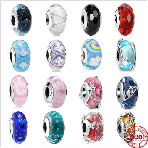 Genuine 925 Sterling Silver Matte Colorful Murano Glass Charm Openwork Beads Fit Original Pandora Bracelet Charm Jewelry Gift
