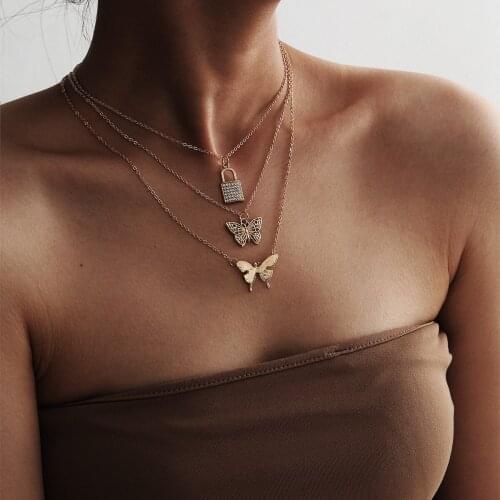 Lock Butterfly Pendant Necklace Thin Chain Multilayer For Girls Sweet Korean Ins Metallic Shiny Fashion Jewelry Choker Necklaces