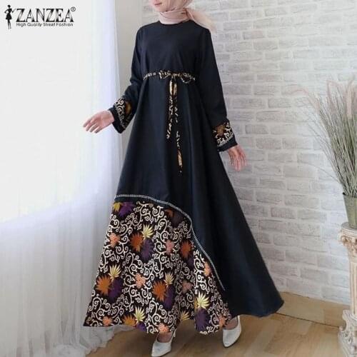 ZANZEA Women Vintage Long Sleeve Floral Printed Maxi Sundress Autumn Dubai Muslim Hijab Dress Belt Long Vestido Caftan Marocain