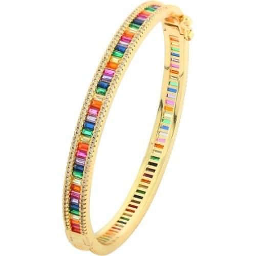 Luxury CZ Womens Bangles Bracelets Copper Zirconia 18K Gold Plated Adjustable Open Bracelet Multicolored Crystal Rainbow Bangle