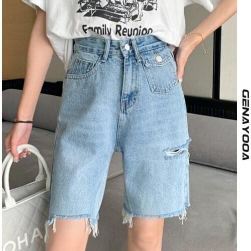Genayooa Summer Casual Denim Shorts Women Wide Leg High Waist Shorts Feminino Loose Tassels Ripped Hot Pants femme Korean Chic