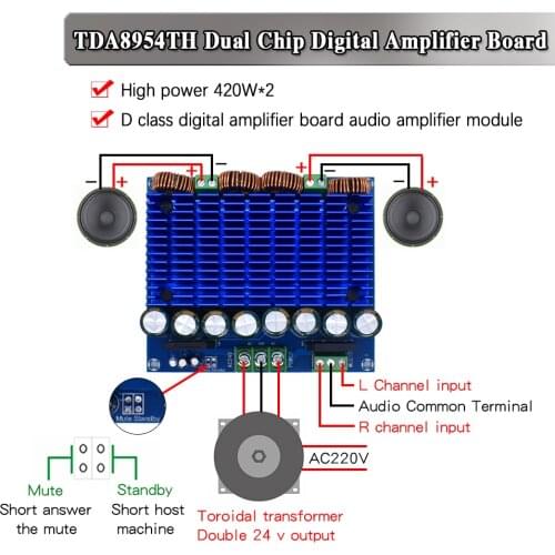 Ultra High Power Digital Amplifier Module AC 24V Stereo TDA8954TH Dual Chip 2x420W XH-M252 Digital Power Amplifier Board