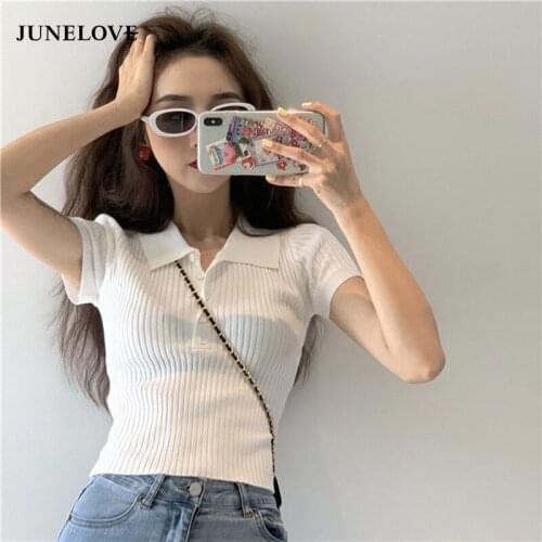 Women Crop Tops Short Sleeve Turn-down Collar Knitted T-Shirts Office Lady Solid Single Brested Skinny Short Tops 2020 Summer