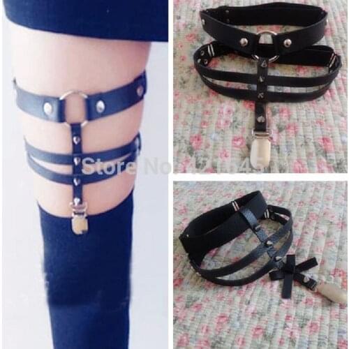 Women Sexy Fashion Punk O-Round Leather Garter Belts Rivet Bullet Goth Harajuku Handmade Three Row Leg elastic Ring ZPLG039