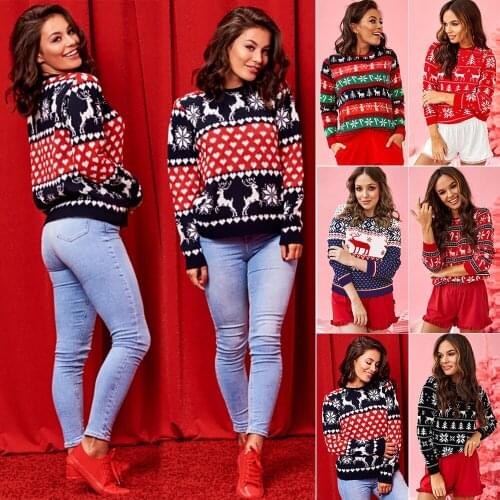 Autumn and winter new T-shirt womens round neck loose sweater Christmas print long sleeves