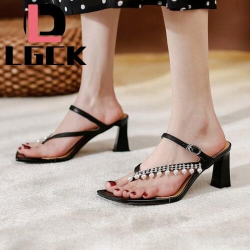 New Women Real Leather Summer Shoes Strappy Heels Sandals Slippers Women High Heels Flip Flops Square Toe Slides Party Shoes